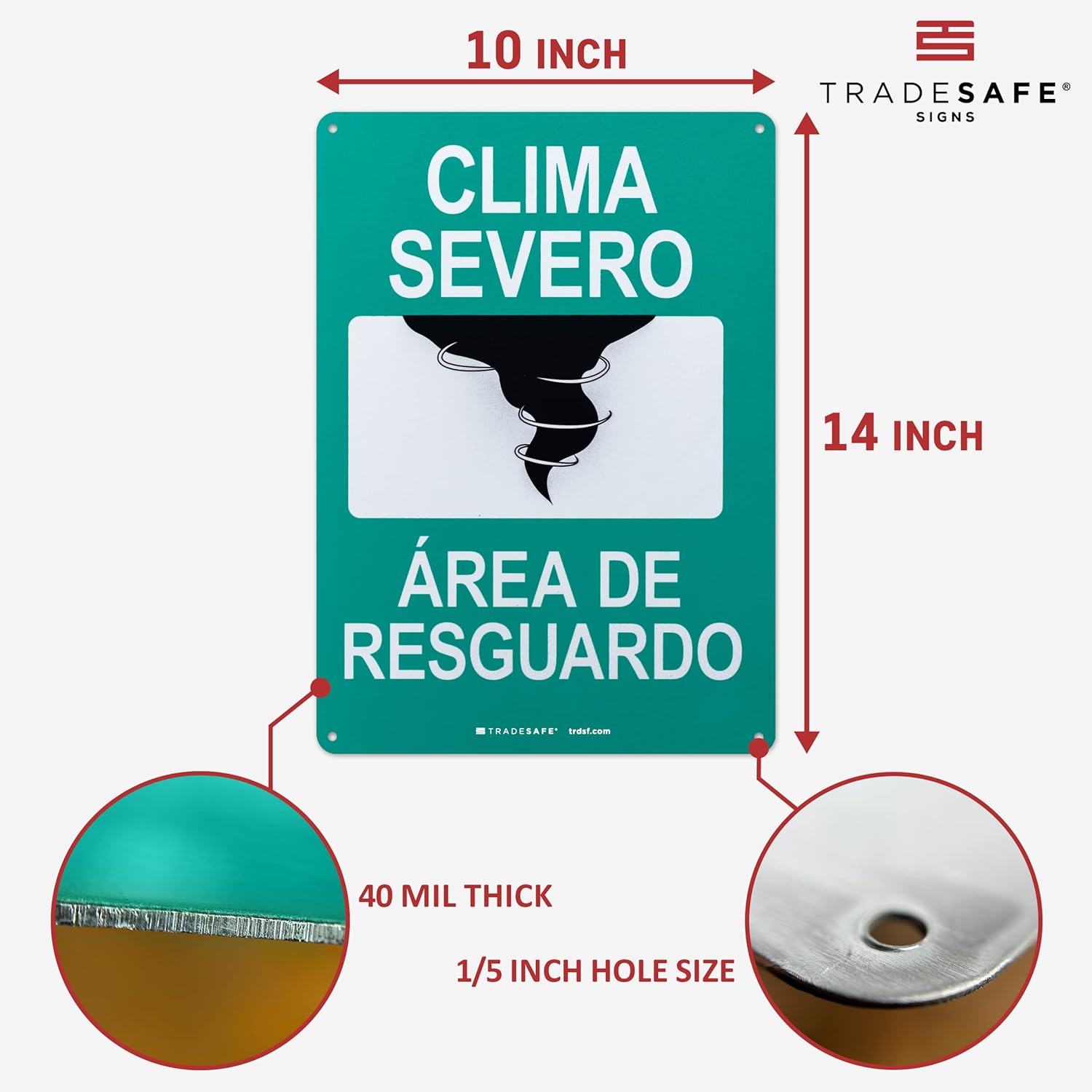TRADESAFE Severe Weather Shelter Area Sign - Clima Severo, Área De Resguardo Spanish Sign, Quick Install, Light Reflective, UV-Resistant, Waterproof, 10” X 14” Aluminum Safety Signs