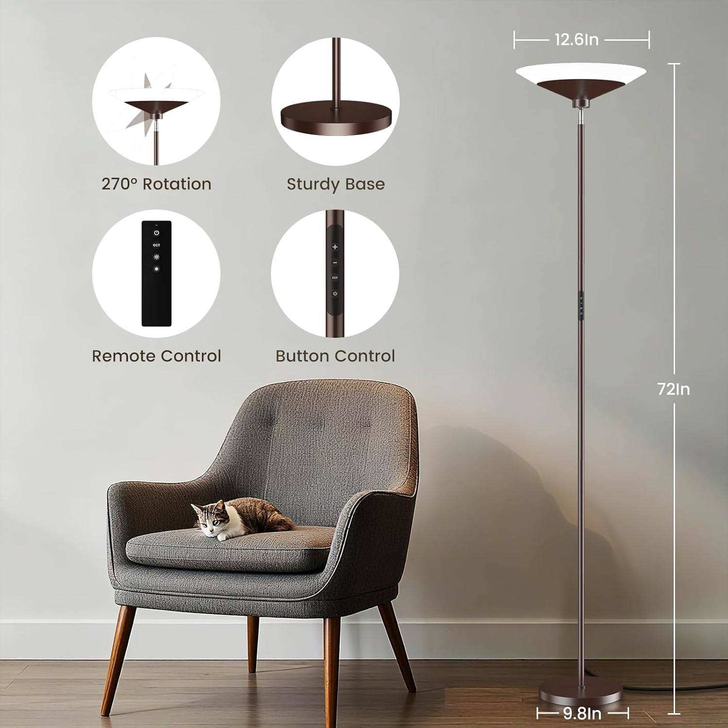 Brown Torchiere Floor Lamp - 30W Dimmable LED Standing Lamp with Remote, 4 Color Temps, Stepless Dimming, 3000-6500K, 1800LM, 72in Tall Floor Light for Office Bedroom Living Room Corner
