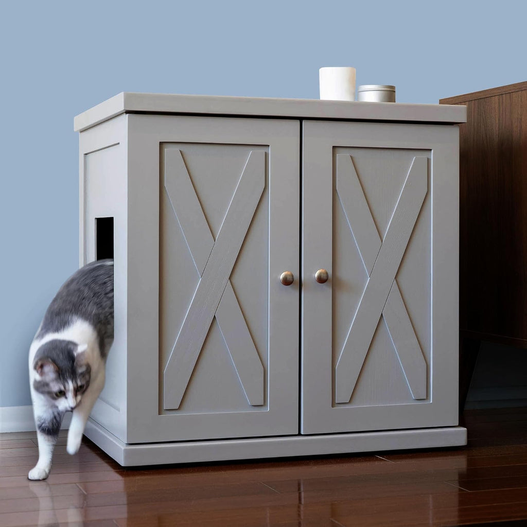 THE REFINED FELINE Cat Litter Box Enclosure Cabinet, Farmhouse, Smoke Gray, Adjustable Levelers, Large, Hidden Litter Cat Furniture with Drawer
