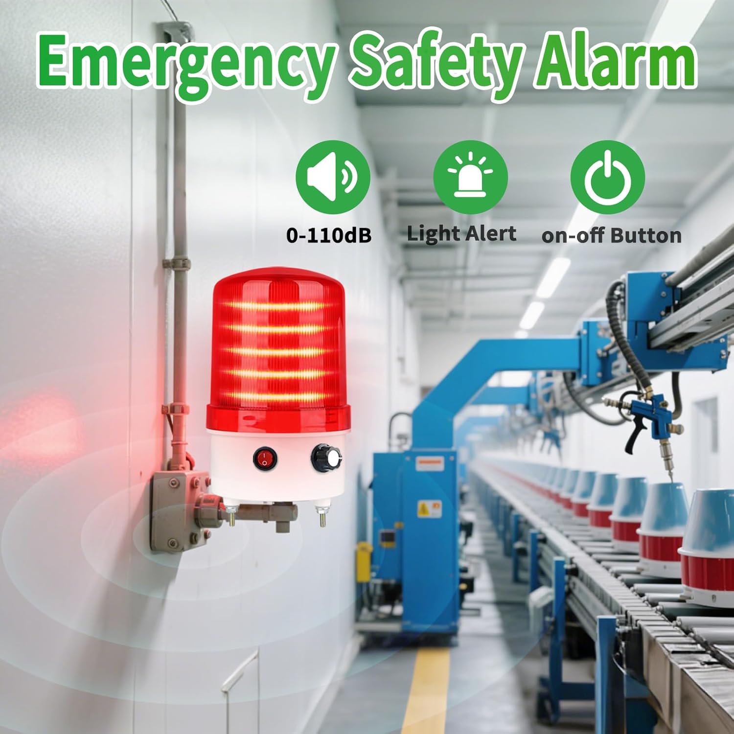 Industrial LED Rotating Warning Light, AC110V-120V Red Strobe Light for Public Emergency Alarms, Indoor/Outdoor Safety Siren with Volume Adjustment/Plug and Buzzer