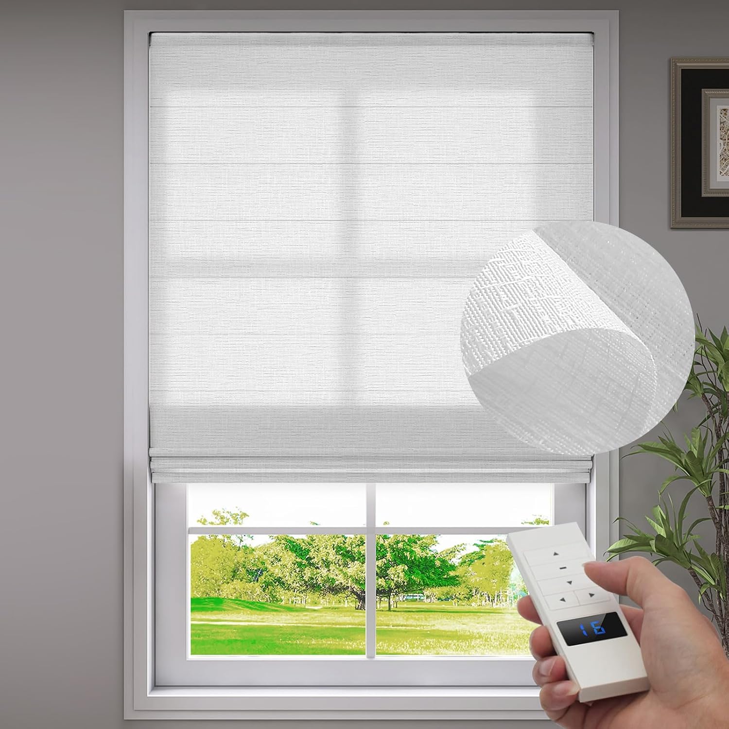 ZSTARR Smart Roman Shades Rechargeable Motorized Blinds with Remote Light Filtering Roman Window Shades Plain Fold Soft for Doors Bedroom, Custom Size (Sheer White)