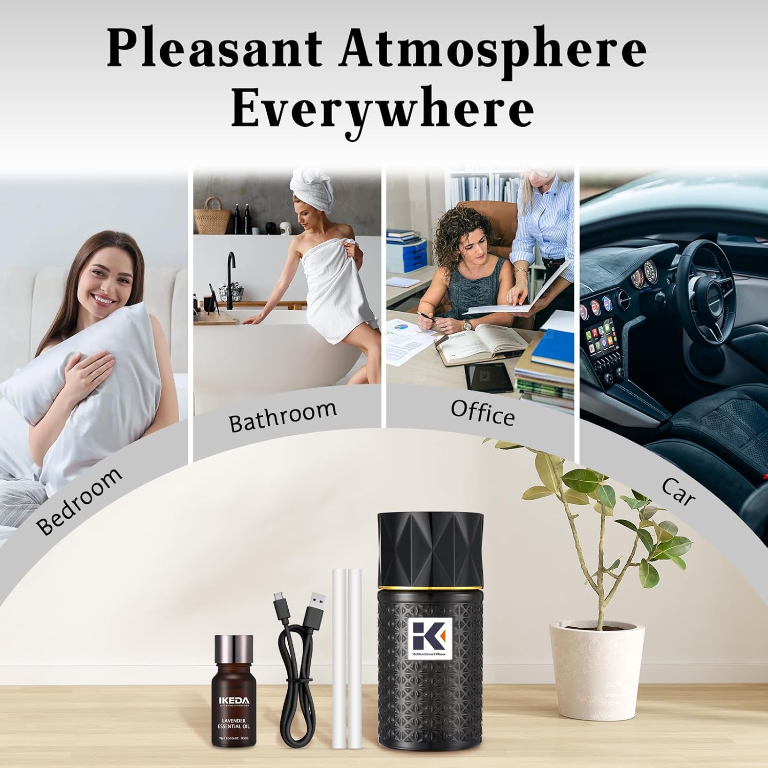Ikeda Wireless Essential Oil Diffuser, Mini Negative Ion Mist Humidifier with Night Light & Auto Shut-Off, 250mL Ebony Scent for Room, Home, Car&Office