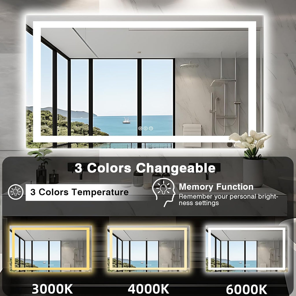 60"x36" LED Mirror for Bathroom, Front and Backlit, Anti-Fog Bathroom Mirror with Lights, Stepless Dimmable Lighted Mirror, 3 Colors Smart Mirror (Horizontal/Vertical)