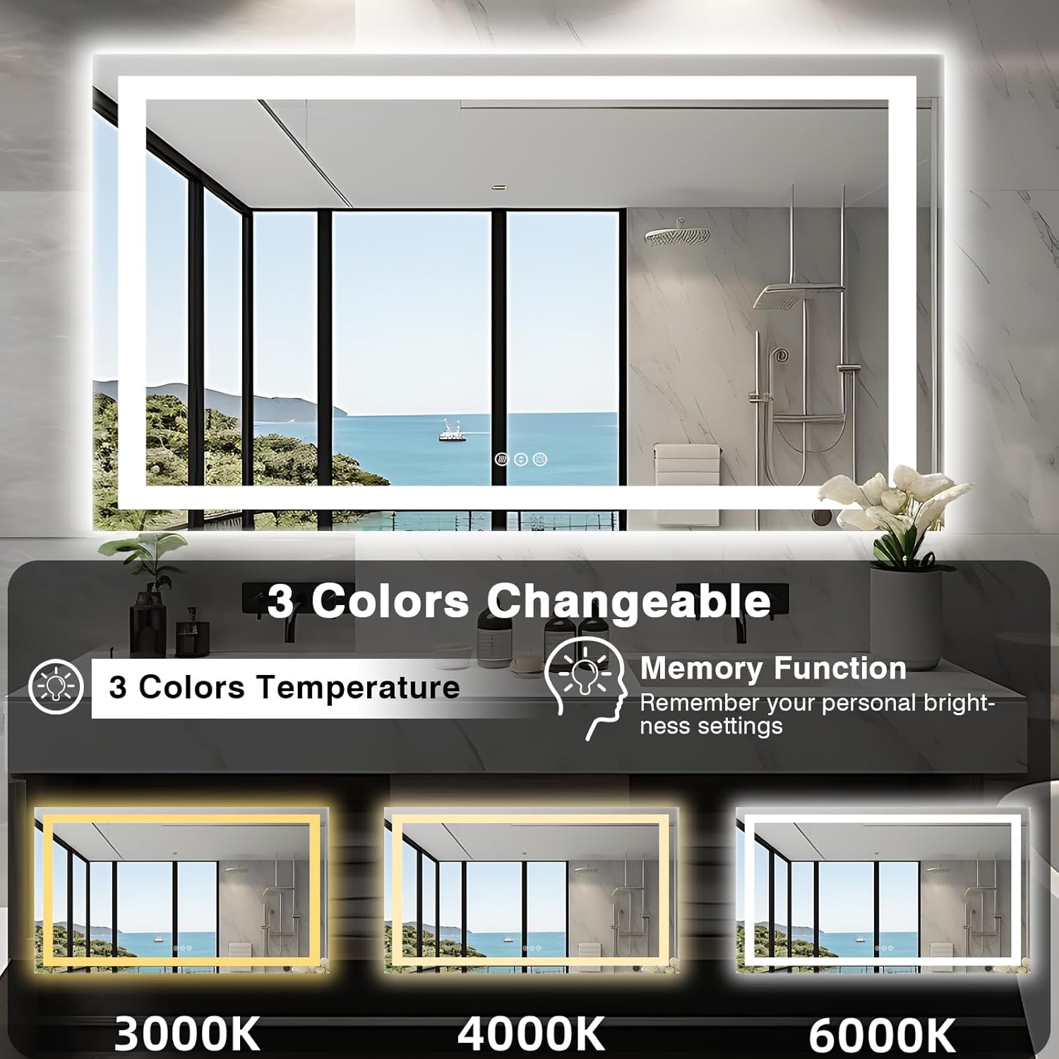 60"x36" LED Mirror for Bathroom, Front and Backlit, Anti-Fog Bathroom Mirror with Lights, Stepless Dimmable Lighted Mirror, 3 Colors Smart Mirror (Horizontal/Vertical)