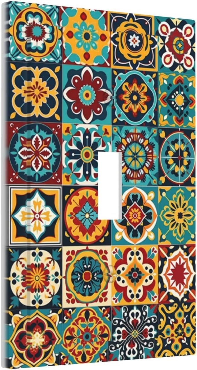 Decorative Light Switch Cover Mexican Talavera Colorful Mosaic Tiles 1 Gang Single Toggle Device Electrical Faceplate Switchplates Decorator Outlet Wall Plate For Bathroom Kitchen Decor