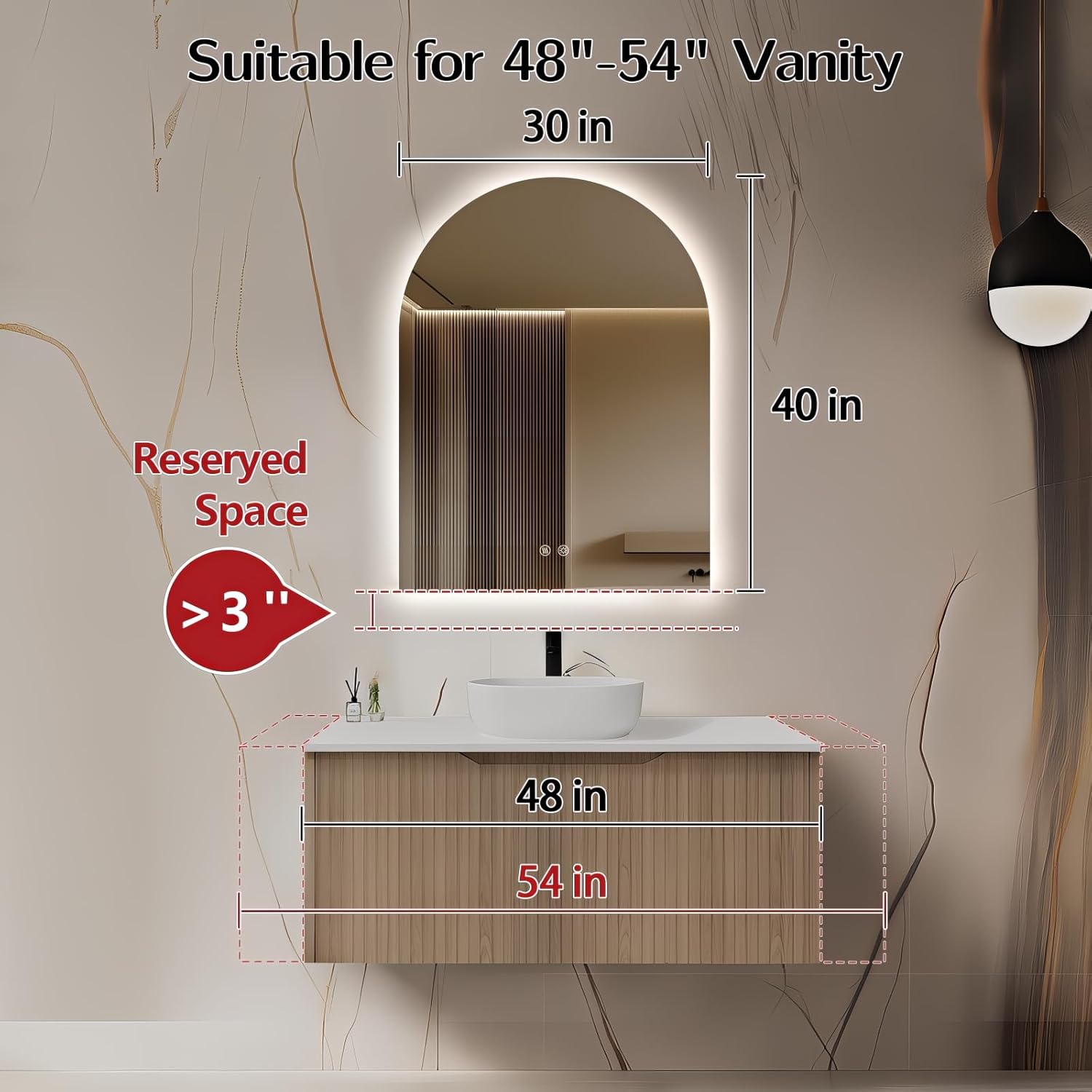 Niccy Arched LED Bathroom Mirror, 40x30 Inch Arch Frameless Backlit Mirrors for Wall Arched Lighted Vanity Mirrors Defogger and 3 Color, Explosion-Proof, HD Glass and IP65 Waterproof