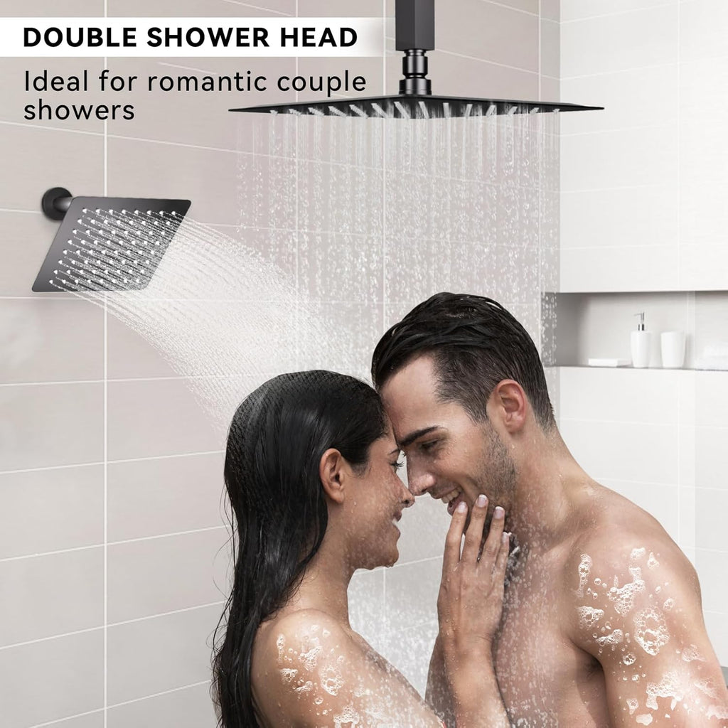 Thermostatic Shower Systems Matte Black Shower Faucets Sets, STARBATH 12+ 8" Wall Mount Rain Shower and 2 in 1 Handhled, Can Use All at Once, Push Button 3 Modes Valve and Trim Kit Complete Shower Set