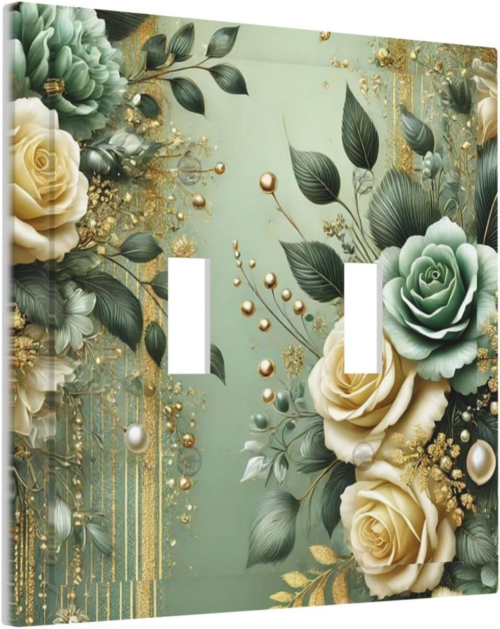 Decorative Light Switch Cover Plate Rustic Green Floral Leaves Teal Flowers Gold Stripe 2 Gang Wall Plate Oversized Double Toggle Two Switch Wall Cover Plate Device Faceplate