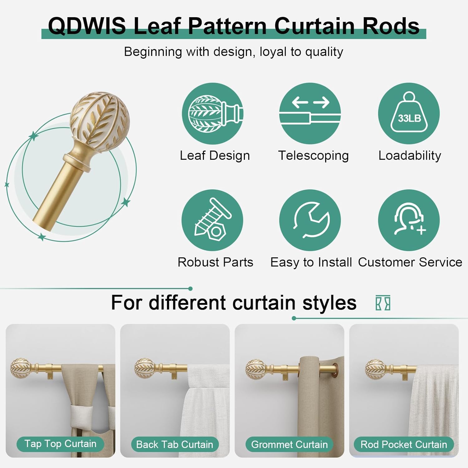 Gold Curtain Rods for Windows 72 to 144 inch,1" Adjustable Heavy Duty Window Curtain Rod Leaf Finials,Rustic Decorative Drapery Rods Set,Size:36-150''