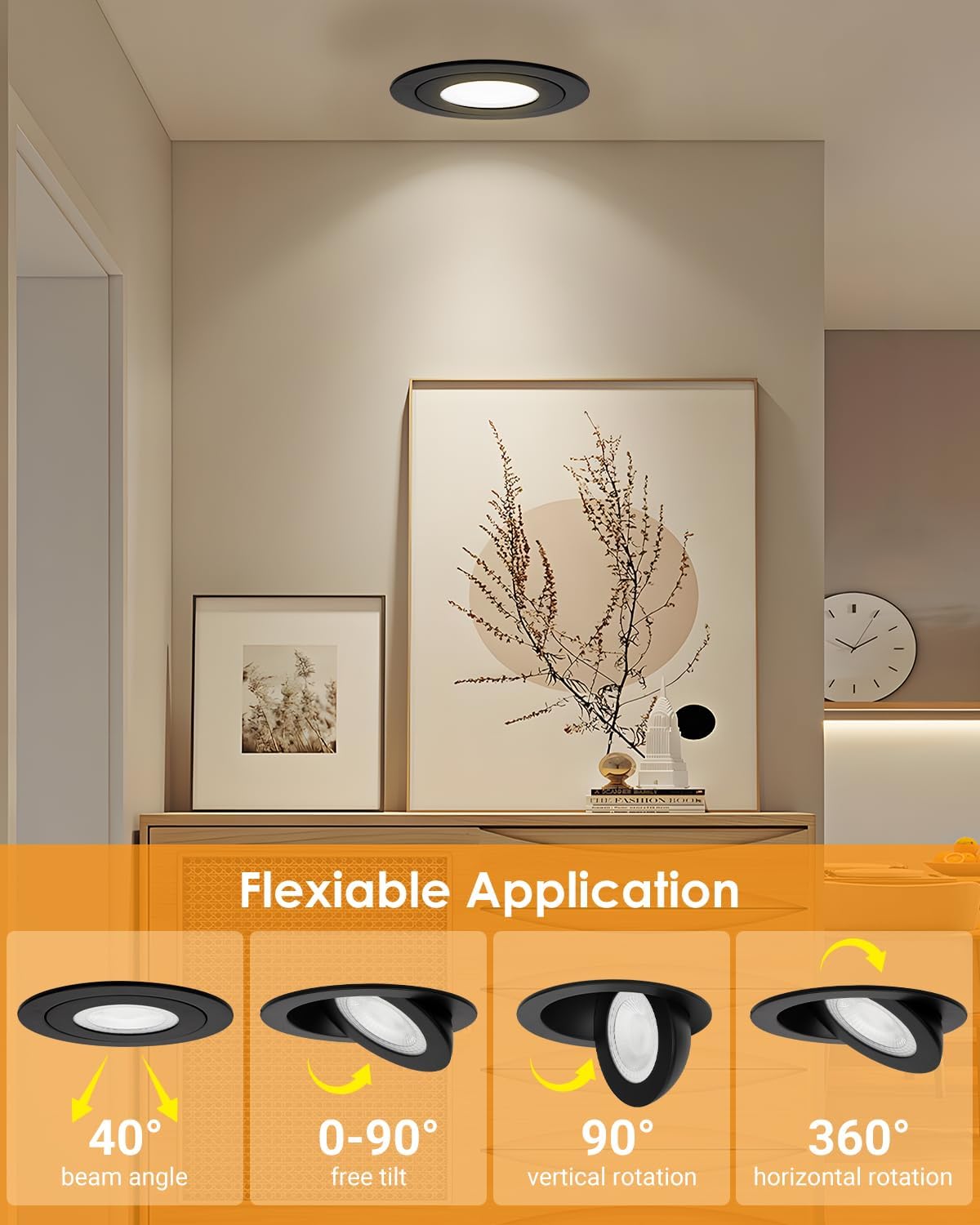 Gimbal LED Recessed Light - 4 Inch Black 9W 360° Rotation Directional Adjustable Eyeball Sloped Ceiling Recessed Lighting 4 inch Light Wafer Soffit Indoor Spotlight Canless Black 4 inch 6 Pack