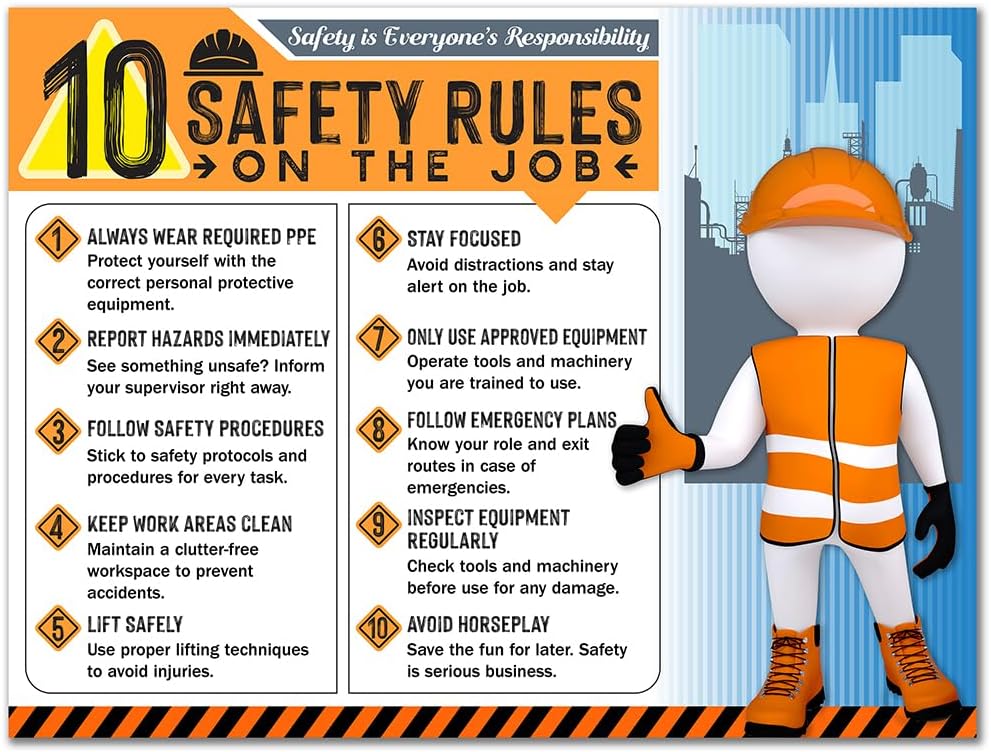 10 Safety Rules on the Job Poster 2026 – 18x24 Durable Laminated Business Safety First Poster Sign, Tear-Resistant, Waterproof Workplace Safety & Industrial Safety Poster for Construction (Pack of 1)