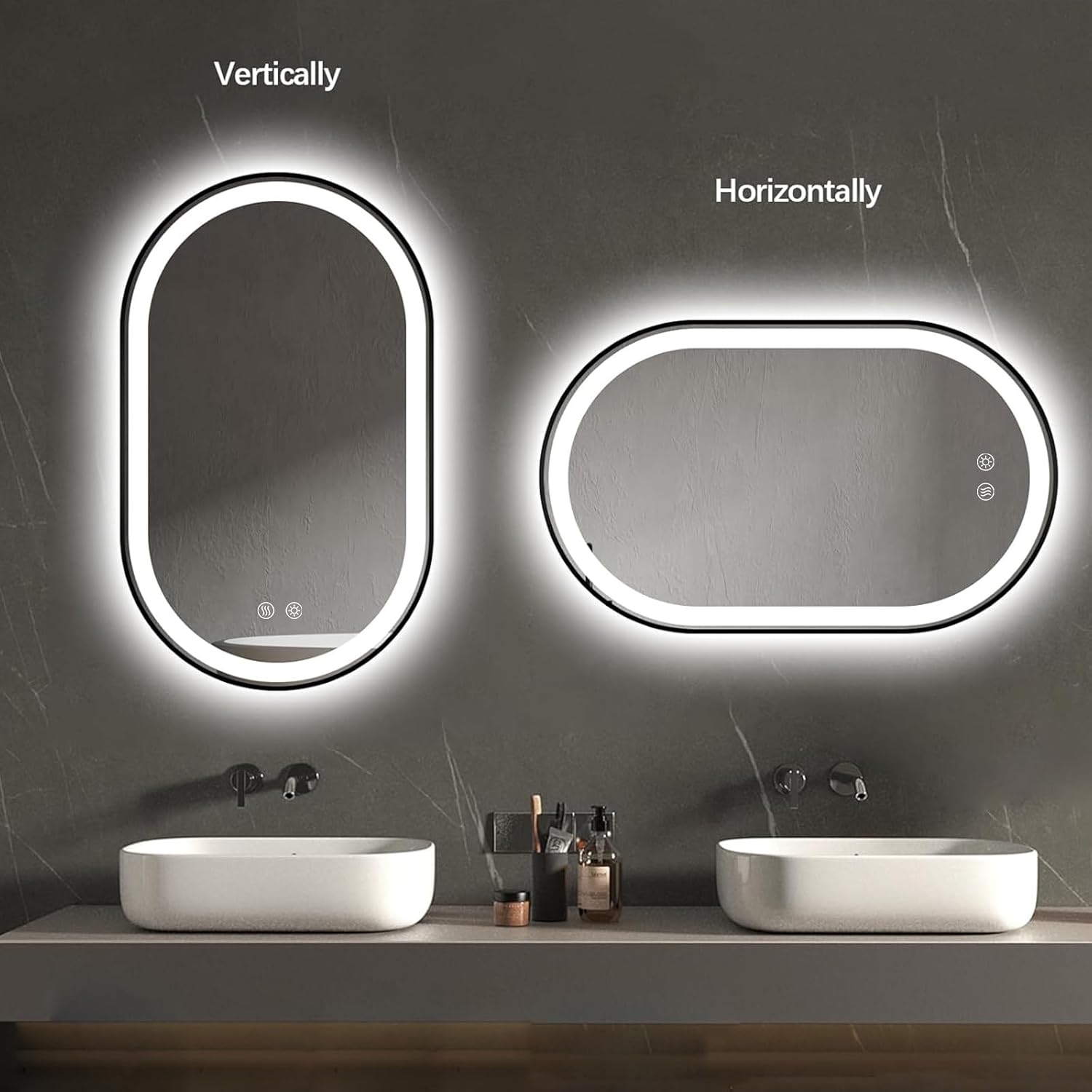Niccy Oval LED Mirror for Bathroom, 40x24 Front Lit + Backlit Vanity Mirrors with Light Anti-Fog, Shatter-Proof, 3 Colors, Makeup Mirror with Black Frame (Horizontal/Vertical)
