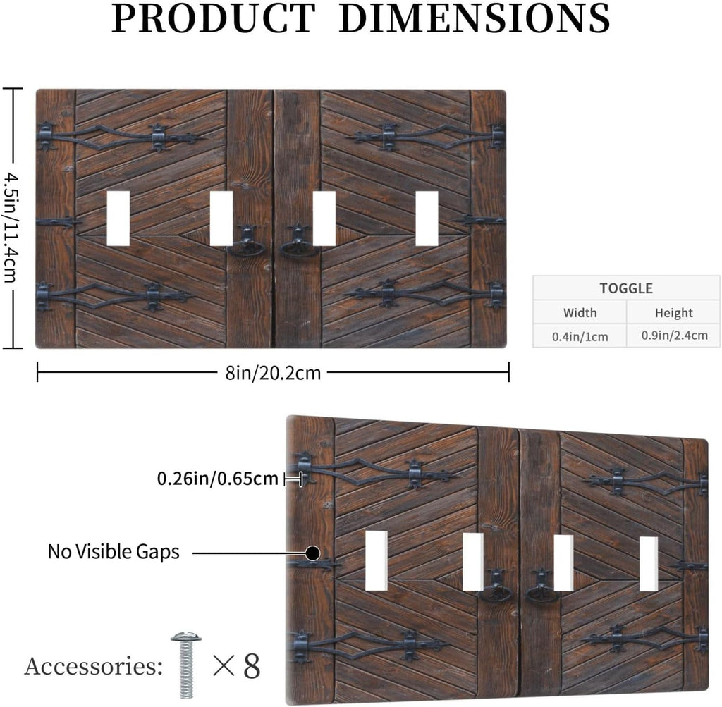 Decorative Light Switch Plate Covers Vintage Brown Wood Barn Door 4 Gang Light Switch Cover Quad Toggle Wall Plate Outlet Covers for Farmhouse Home Decor