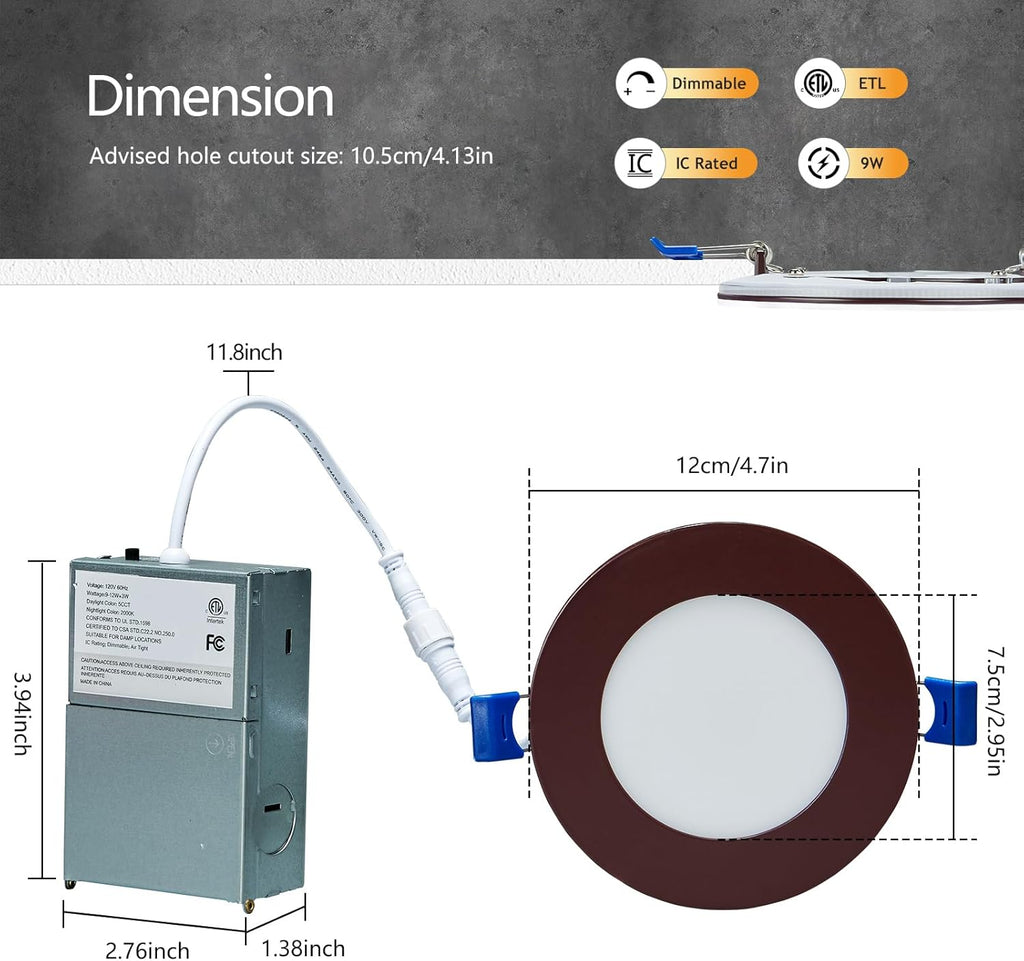 CycevSun 16 Pack Bronze Recessed Lighting 4 Inch with Night Light, Canless Ultra Thin Wafer Downlight Outdoor Exterior Soffit, Dimmable & 5 Color Temperature Selectable, 9W, ETL