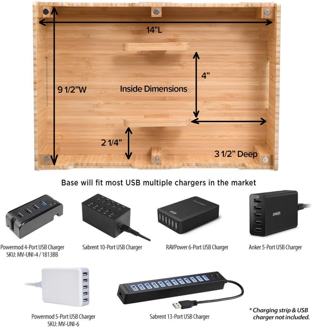 MobileVision Bamboo 12-Port Charging Station & Docking Organizer for Smartphones & Tablets, Family-Sized, for use in Corporate Offices & Classrooms