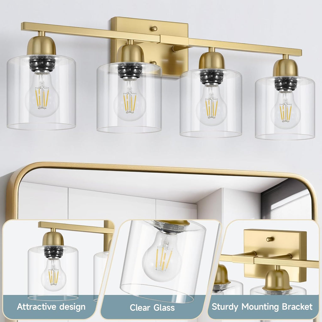 Modern Brushed Gold 4 Light Bathroom Light Fixtures, 24 inch Vanity Lights for Bathroom with Clear Glass, Bathroom Vanity Light for Mirror Kitchen Living Room Hallway Cabinet Porch