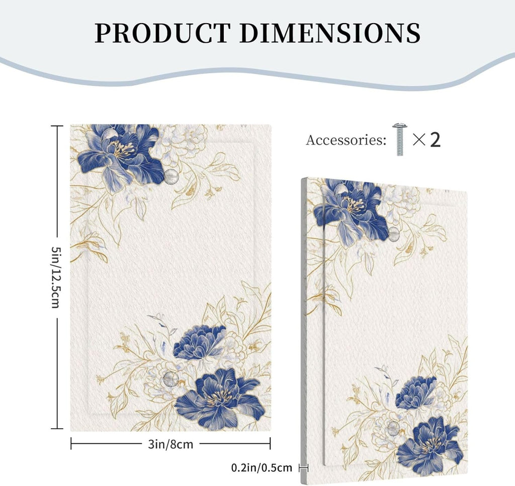 Decorative Light Switch Cover Plate Rustic Blue Flower Floral Gold Leaf 1 Gang No Device Single Blank Outlet Covers Wall Plates for Electrical Outlets Faceplate for Bedroom Home Decor