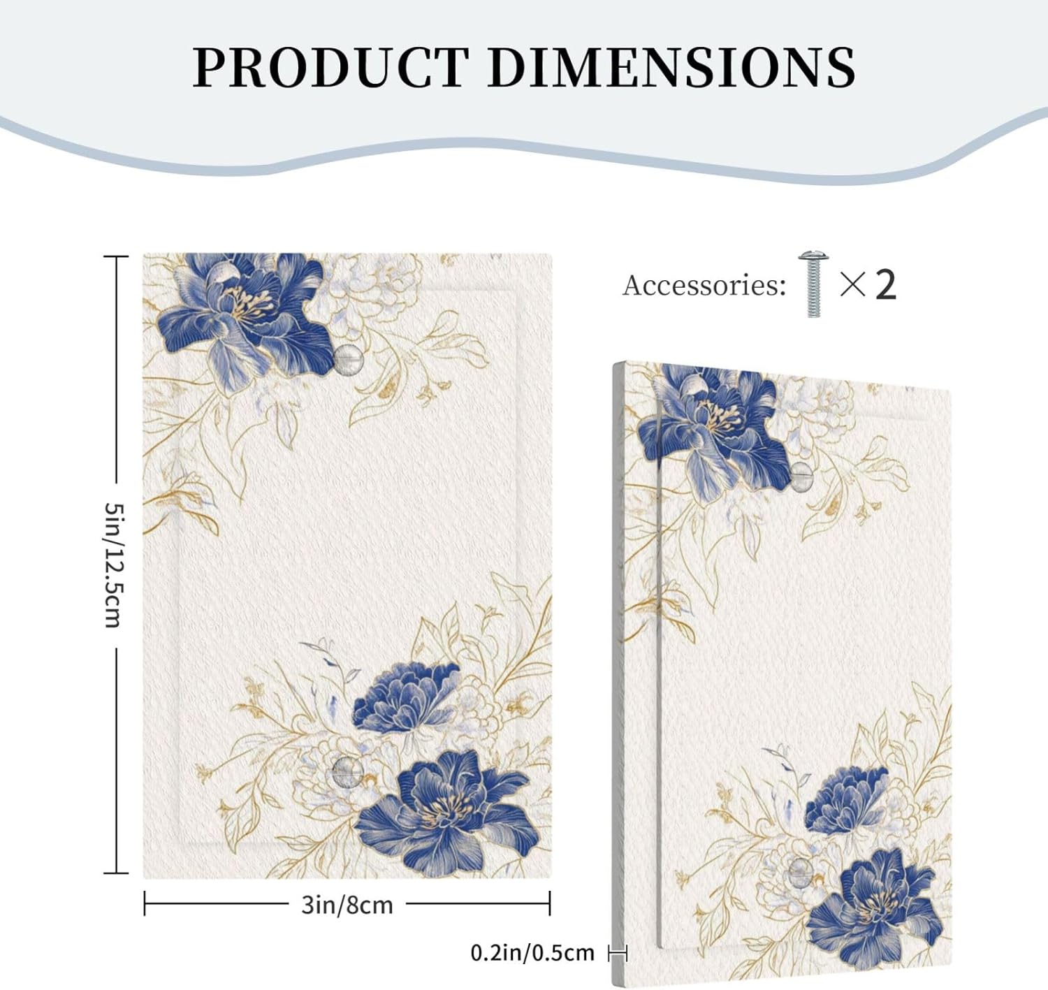Decorative Light Switch Cover Plate Rustic Blue Flower Floral Gold Leaf 1 Gang No Device Single Blank Outlet Covers Wall Plates for Electrical Outlets Faceplate for Bedroom Home Decor