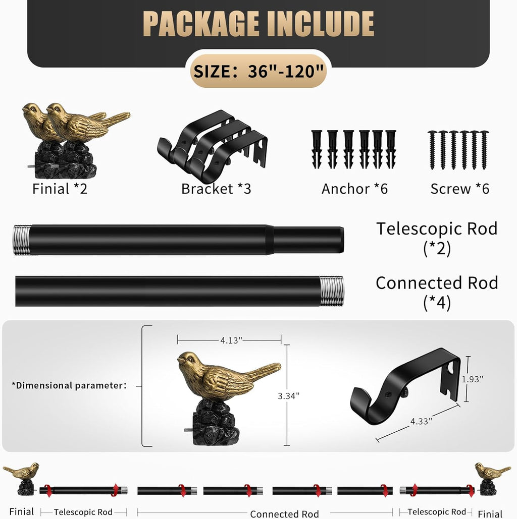 Vintage Gold Curtain Rod 36 to 120 Inches Curtain Rods for Windows Adjustable Heavy Duty Drapery Rod with Bird Finials for Living Room Bedroom