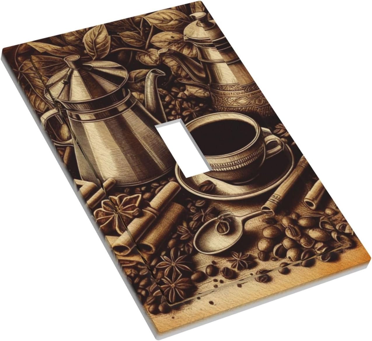 Decorative Light Switch Cover Plate Vintage Coffee Beans Leaf Cup 1 Gang Wall Plate Oversized Single Toggle Wall Cover Plate Jumbo Electrical Switchplate Faceplate