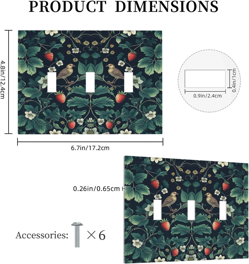 Decorative Switch Plates Strawberry Birds Flowers Plant Morris Floral 3 Gang Wall Plate Triple Toggle Light Switch Cover Faceplate Electrical Wall Panels for Bedroom Farmhouse Decor