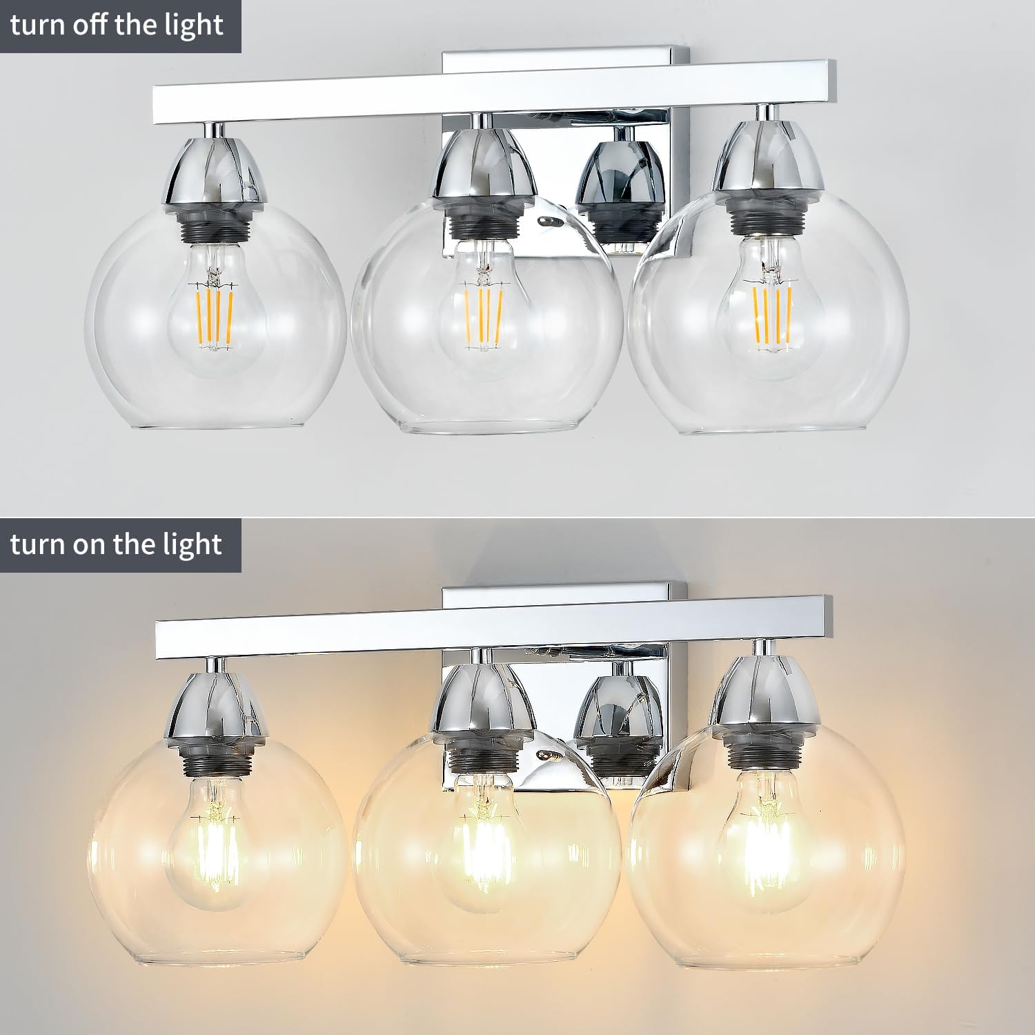 Bathroom Light Fixtures, 3-Light Silver Vanity Light with Hand-Blown Thick Glass Shades, High Transparency & Few Flaws, Wall Sconce for Mirror, Kitchen, Bedroom