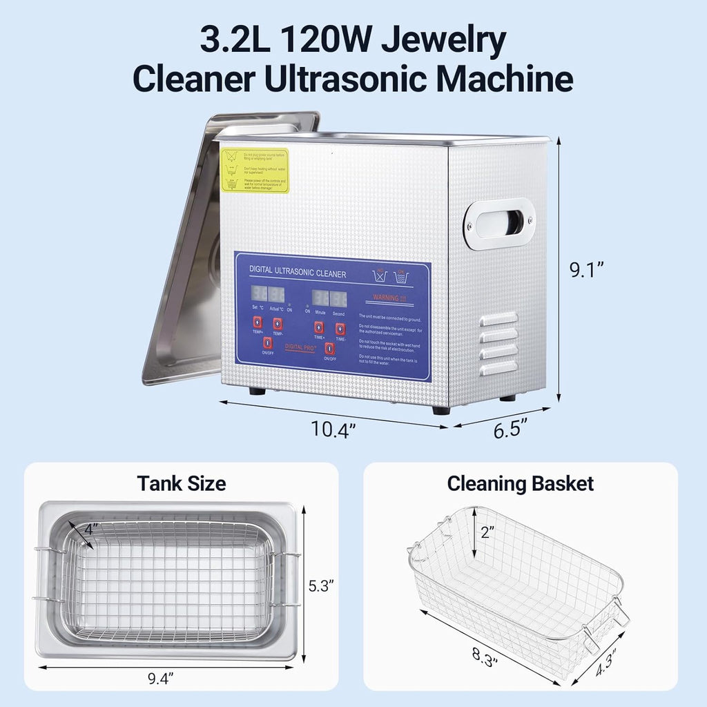 3.2L Commercial Ultrasonic Cleaner | Professional 40kHz with Digital Timer & Heater | for Jewelry, Watches, Eyeglasses & Small Parts Cleaning