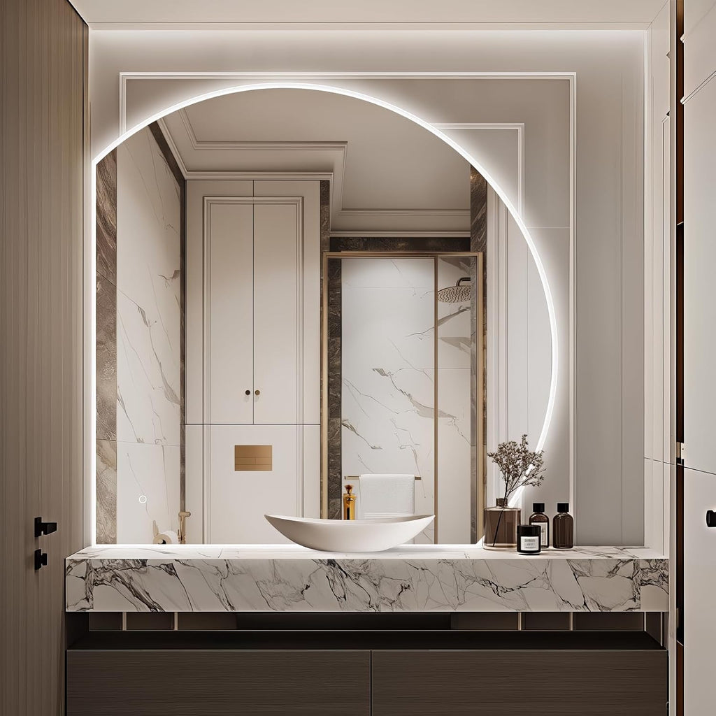 Niccy Half Moon LED Mirror for Bathroom, 28" Backlit + Front Lit Lighted Semi Round Makeup Mirrors for Wall, Anti-Fog, Dimmable 3-Colors, Memory Function, Shatterproof Smart Vanity Mirror