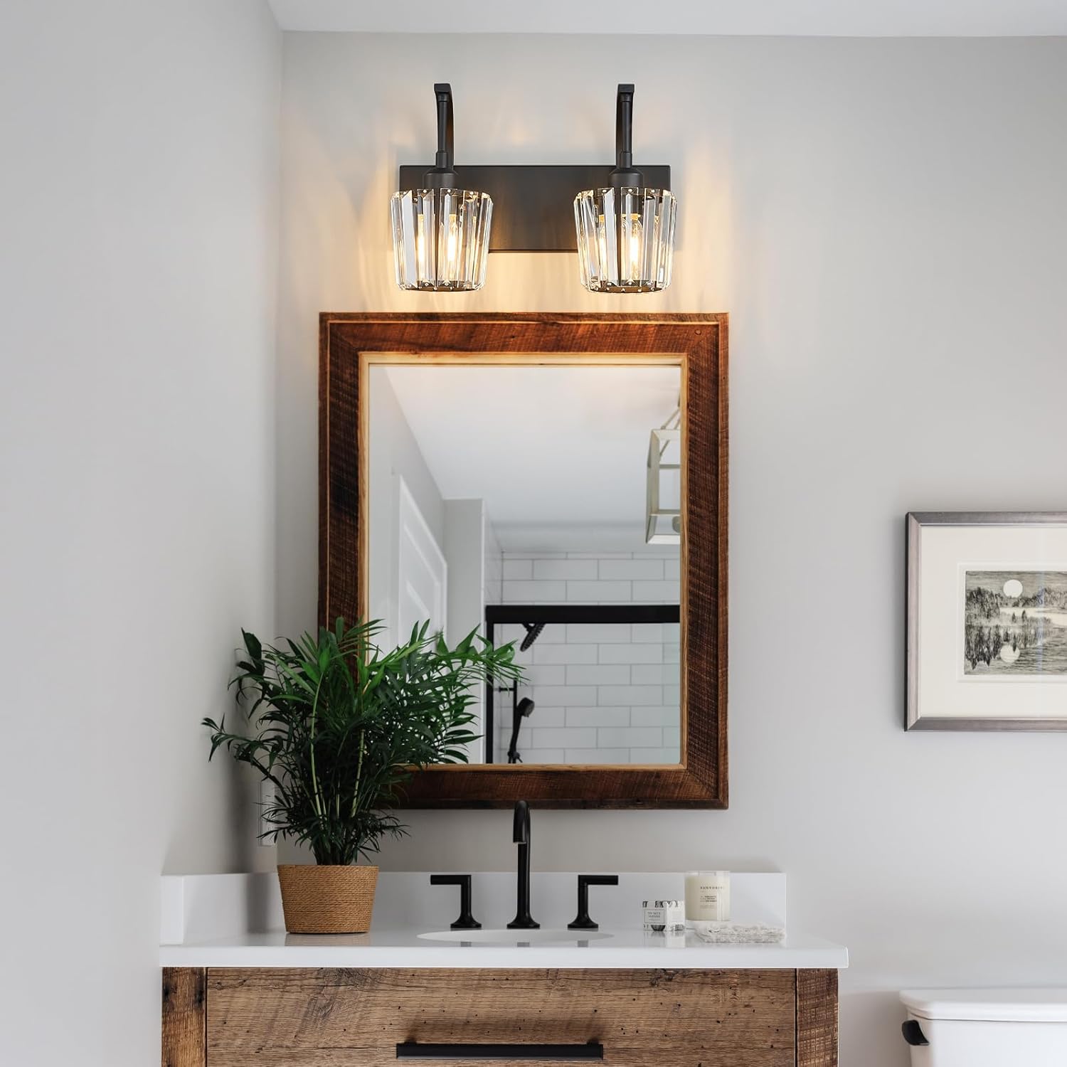 Modern Bathroom Vanity Light, 2-Light Black Wall Sconce with Crystal Accents, Over Mirror Bathroom Lighting Fixture, 13.77" Long Dimmable Vanity Lamp for Makeup, Easy Installation