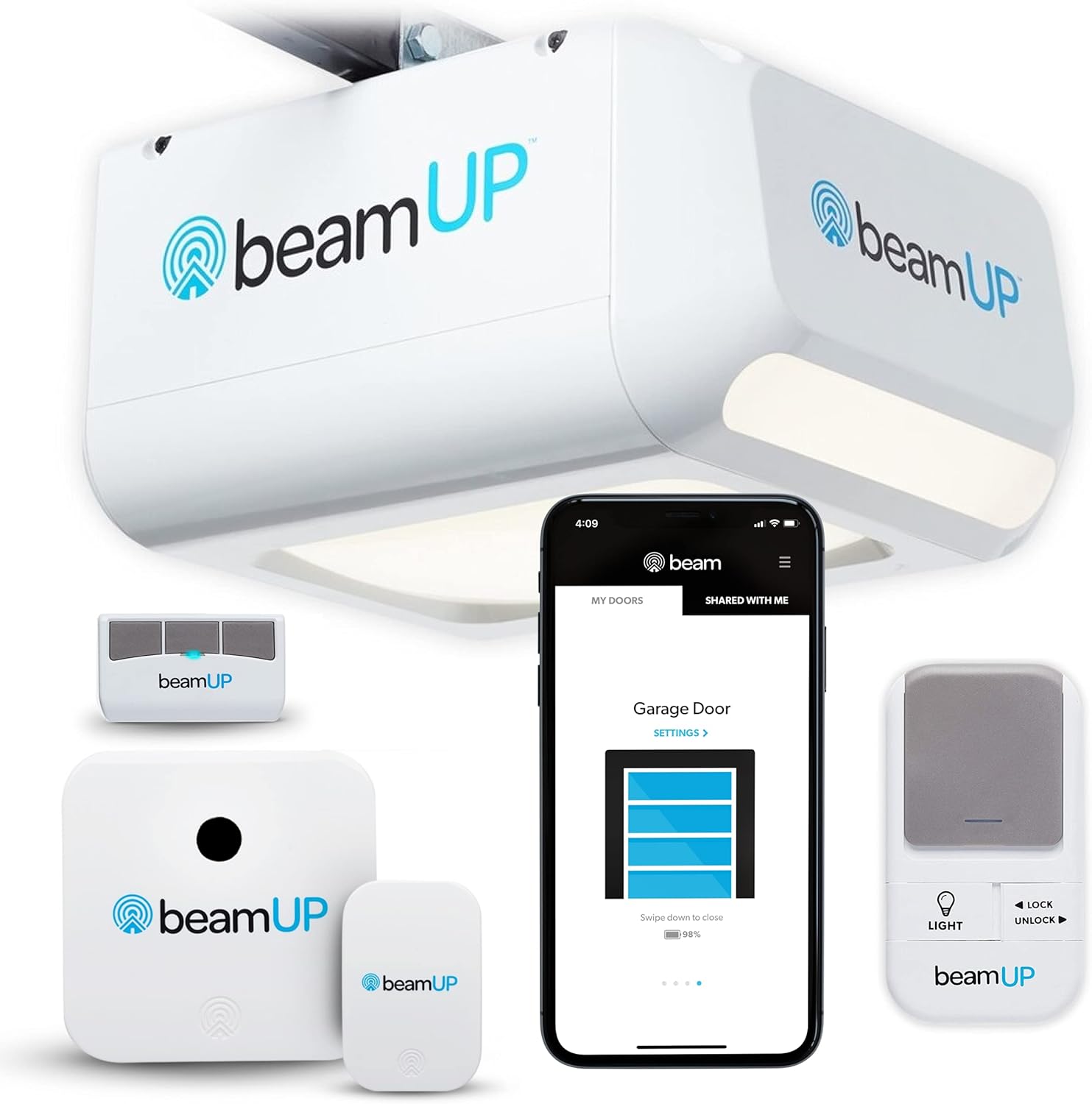 Sentry BU400 Smart Garage Door Opener, Heavy-Duty 3/4 Horsepower Equivalent DC Motor, Integrated Edge-to-Edge 3000-Lumen LED, with Beam Home App for Smart Garage Control, White