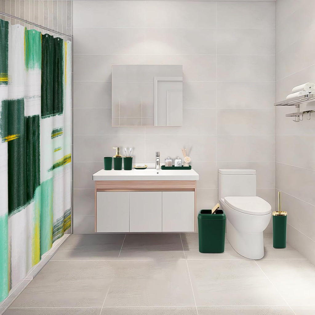 Green and Gold Bathroom Accessories Set, Bathroom Sets with Shower Curtain, Green Bathroom Accessories with Trash Can, Soap Dispenser, Soap Dish, Toilet Brush Holder, Qtip Holders
