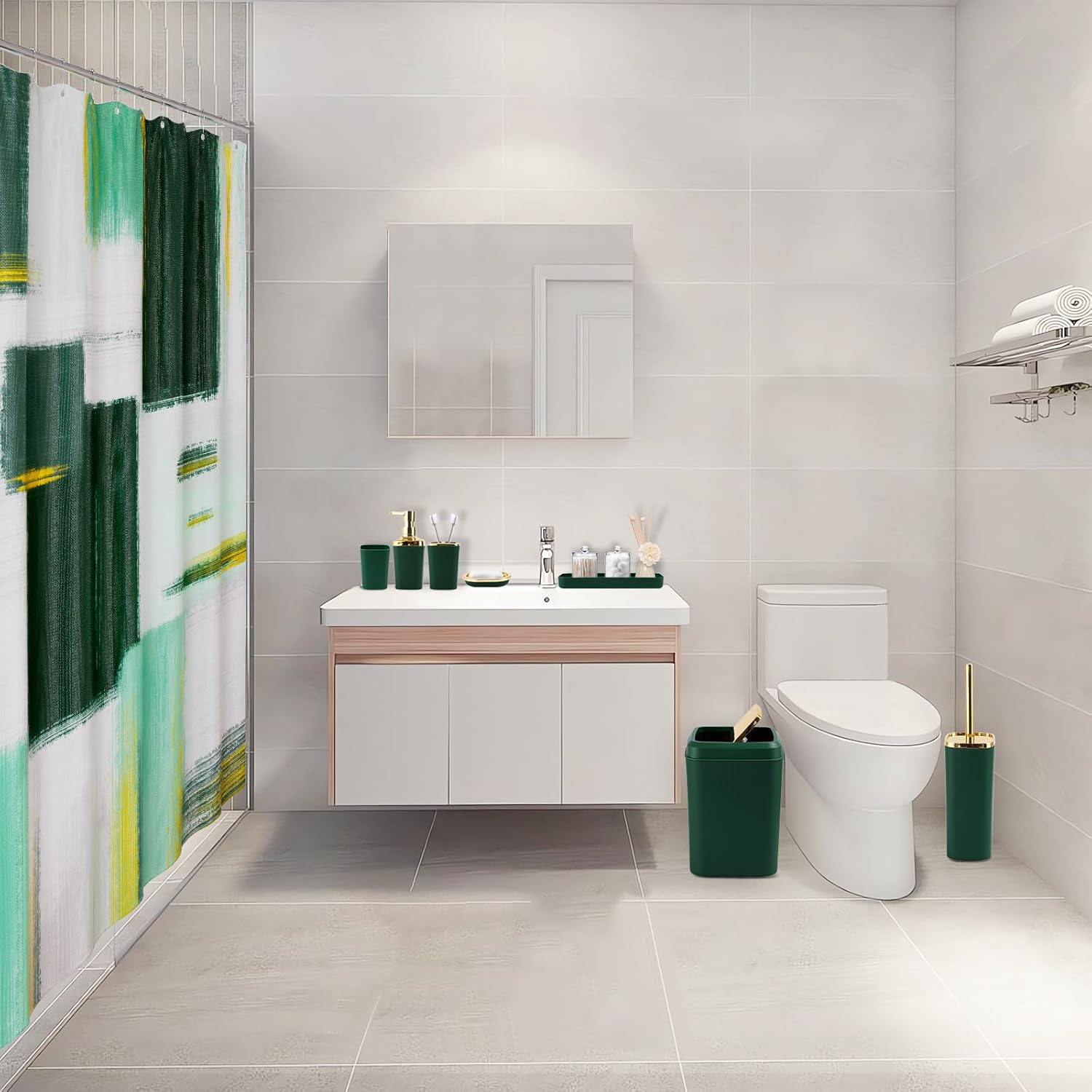 Green and Gold Bathroom Accessories Set, Bathroom Sets with Shower Curtain, Green Bathroom Accessories with Trash Can, Soap Dispenser, Soap Dish, Toilet Brush Holder, Qtip Holders