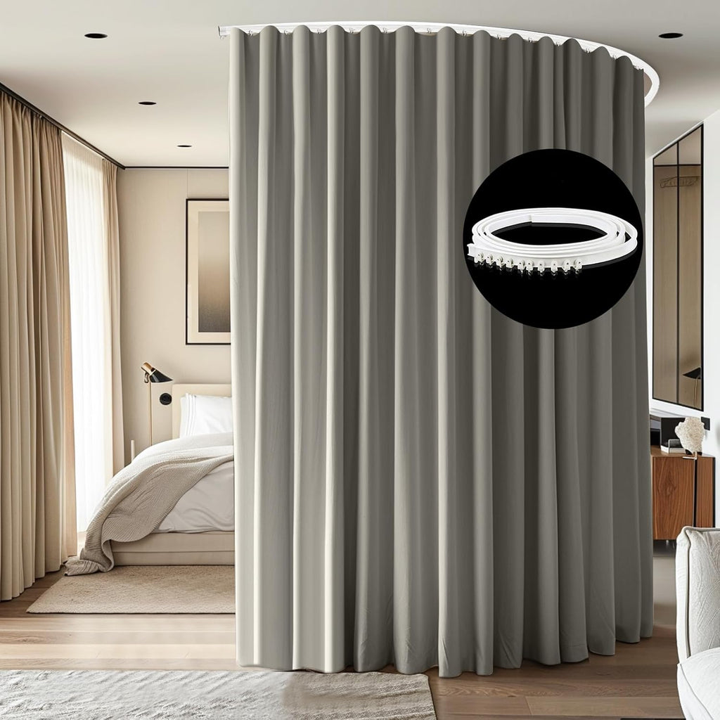 Room Divider Ceiling Mounted Curtains Track Sets Extra Wide Blackout Curtain Flexible Tracks for Bedroom Privacy Partition Separator, 1 Panel Light Grey Drape and White Rail, W15 x H8ft