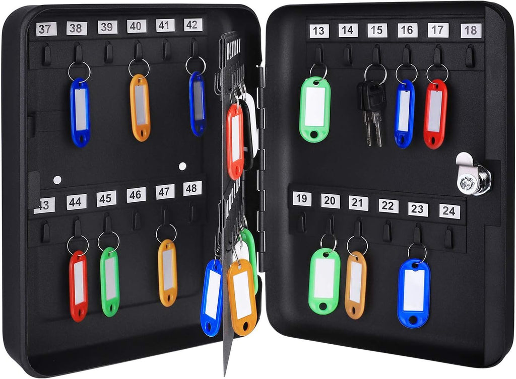 Amazon Basics Locking Steel Cabinet Security Lock Box With 48 Key Hooks, Black, 2.8" D x 7" W x 9.8" H
