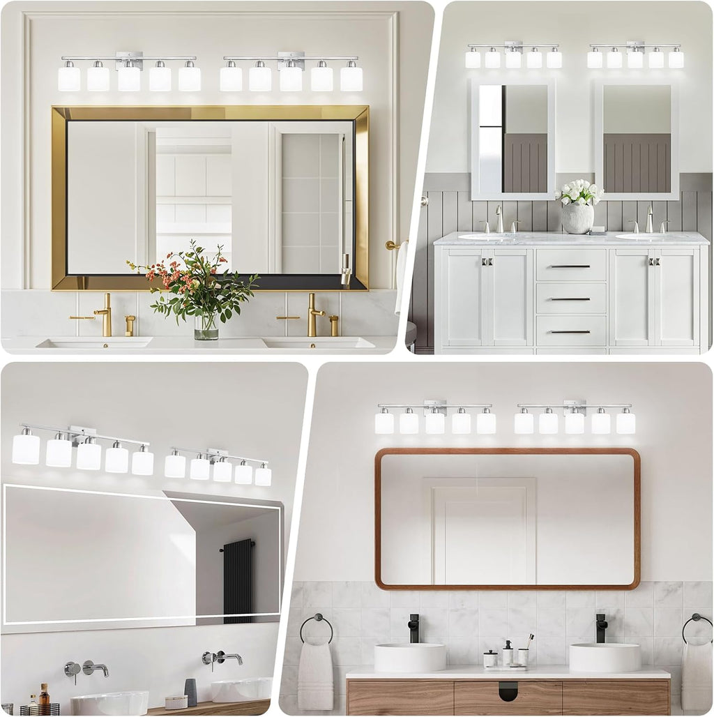 5 Light Bathroom Light Fixtures Brushed Nickel, Bathroom Vanity Light with Milky White Frosted Glass Shade, Vanity Lights for Mirror Bedroom Living Room E26 Base