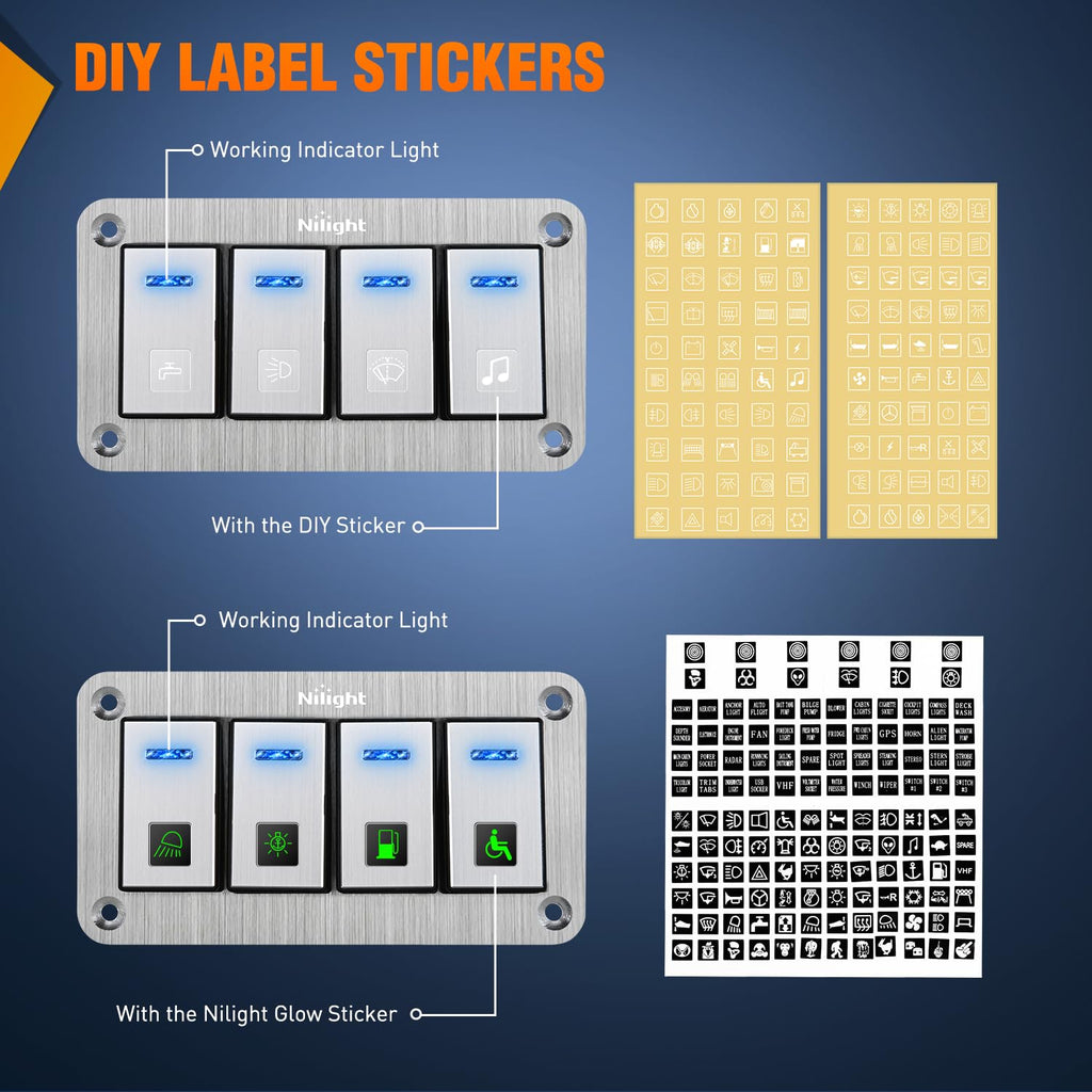 Nilight 4 Gang Rocker Switch Panel 3 Pin On Off Pre-Wired Toggle Switches Blue LED Waterproof Aluminum with DIY Stickers for 12V 24V Automotive Cars Marine Boats UTV Truck Jeeps