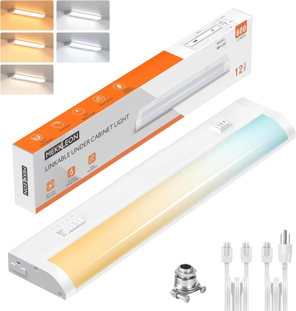 12inch Linkable Under Cabinet Lighting Hardwired Plug-in, Wired led Under Cabinet Lights with 5 CCT (2700/3000/3500/4000/5000) & Dimmable, Under Counter Lights for Kitchen, 6W, 600LM, 1 Pack