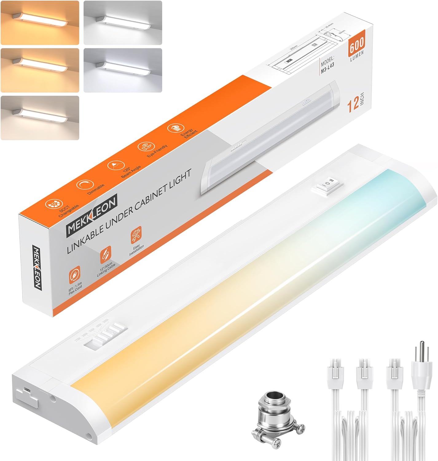 12inch Linkable Under Cabinet Lighting Hardwired Plug-in, Wired led Under Cabinet Lights with 5 CCT (2700/3000/3500/4000/5000) & Dimmable, Under Counter Lights for Kitchen, 6W, 600LM, 1 Pack