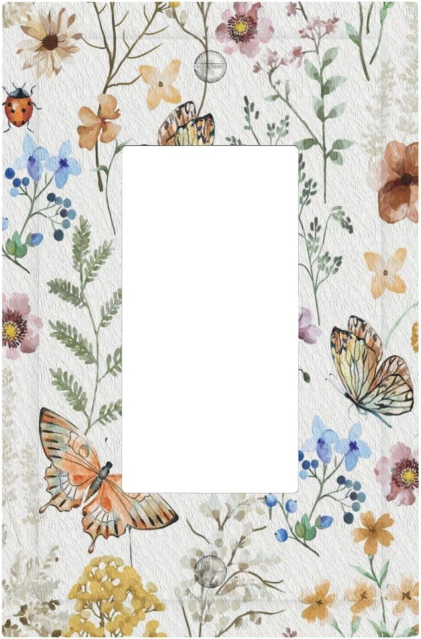 Personalized Wall Plate Decorative Light Switch Cover Boho White Background Butterfly Rustic Flower Single Rocker Switchplate 1 Gang Outlet Covers Decora Light Switch Plate