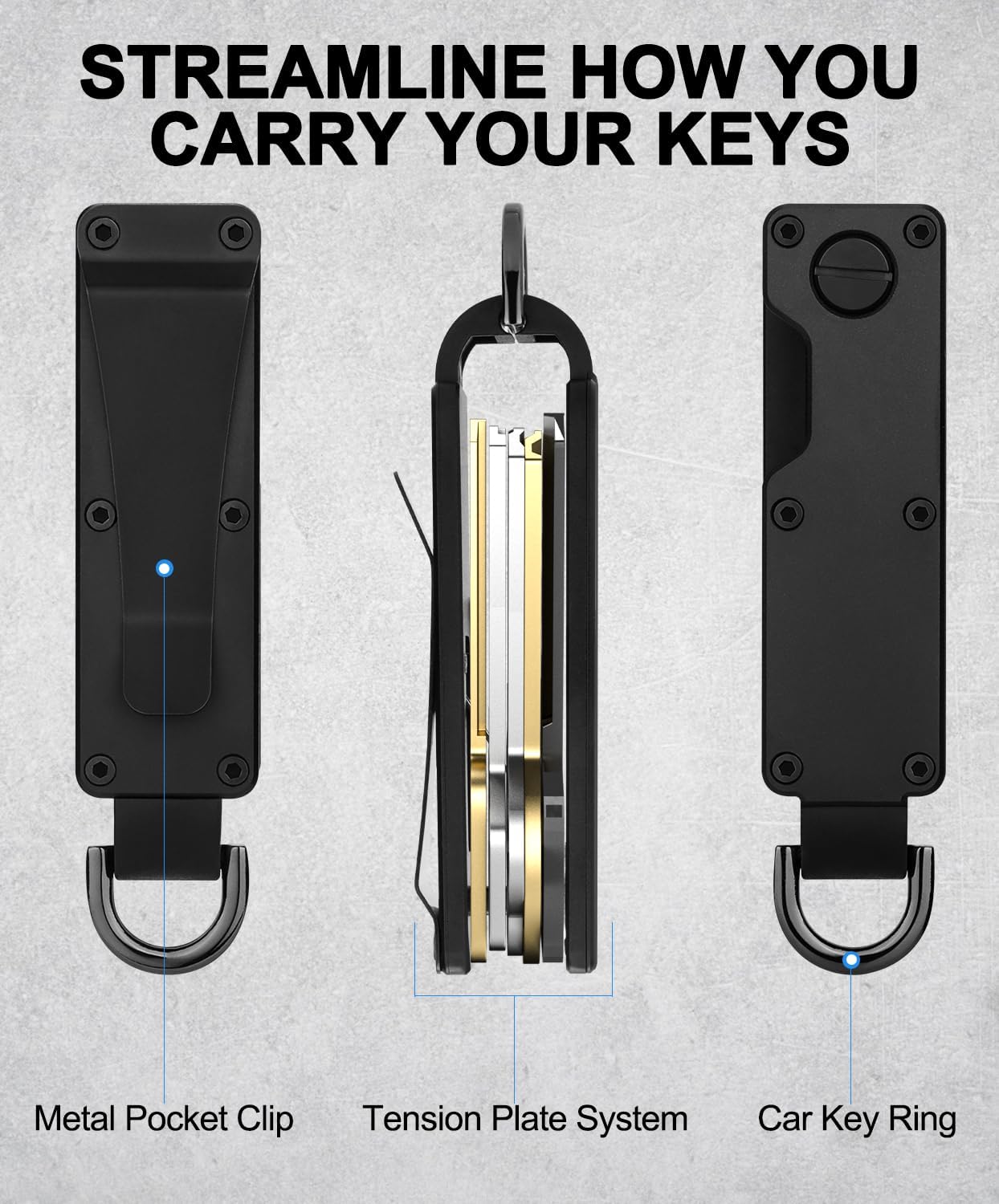 Mens Key Organizer - Compact Metallic Key Holder | Minimalist Innovative Keyholder | Smart Keychain Secures 1-5 Keys