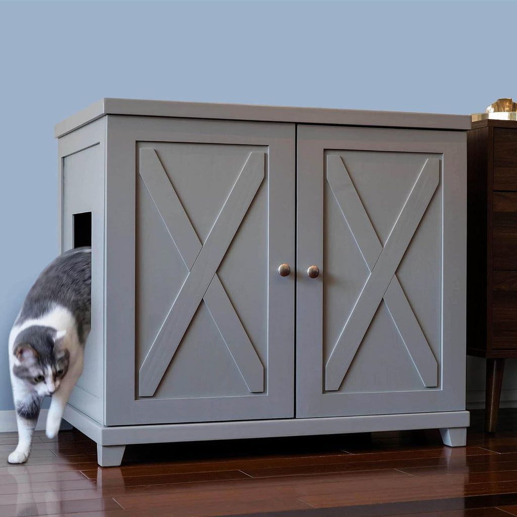 THE REFINED FELINE Cat Litter Box Enclosure Cabinet, Farmhouse, Smoke Gray, Tapered Feet, XLarge, Hidden Litter Cat Furniture with Drawer