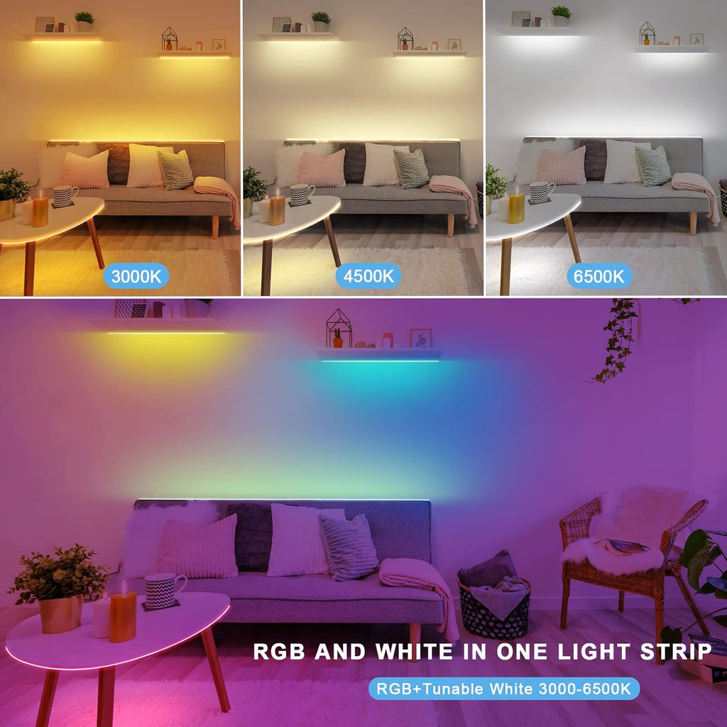 RGBWW Bluetooth LED Strip Lights, 16.4FT Tunable White 3000K to 6500K+RGB Led Light Strips, Music Sync Color Changing Indoor LED Rope Lights with App and Remote for Cabinet, Bedroom, TV