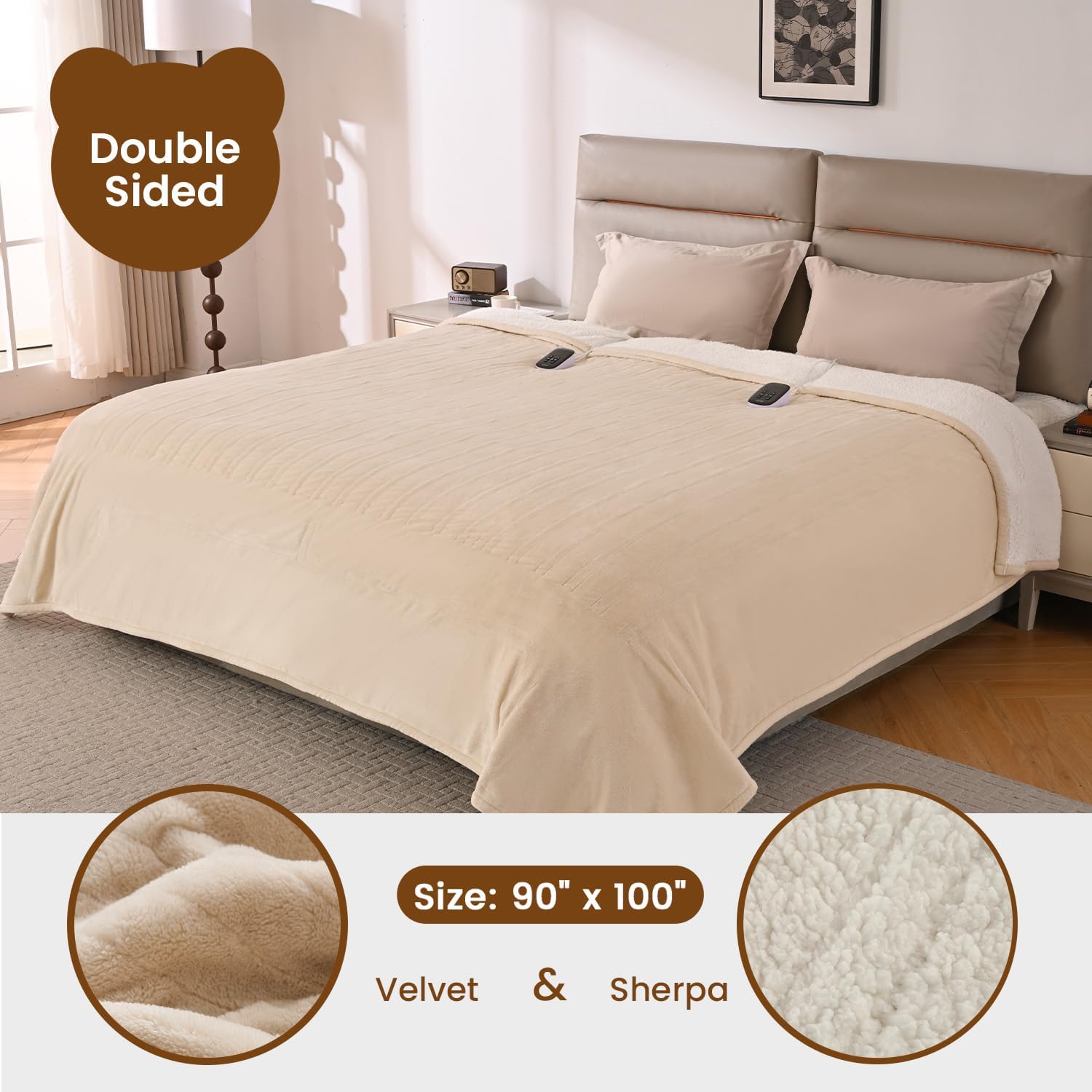 Bearhug Electric Blanket King Size 100" x 90", Dual Controller Heated Blanket Beige, Velvet & Sherpa, 10-Heat Levels & 1-12H Auto Off, 5 Year Warranty, Over-Heat Protect, ETL, Machine Washable