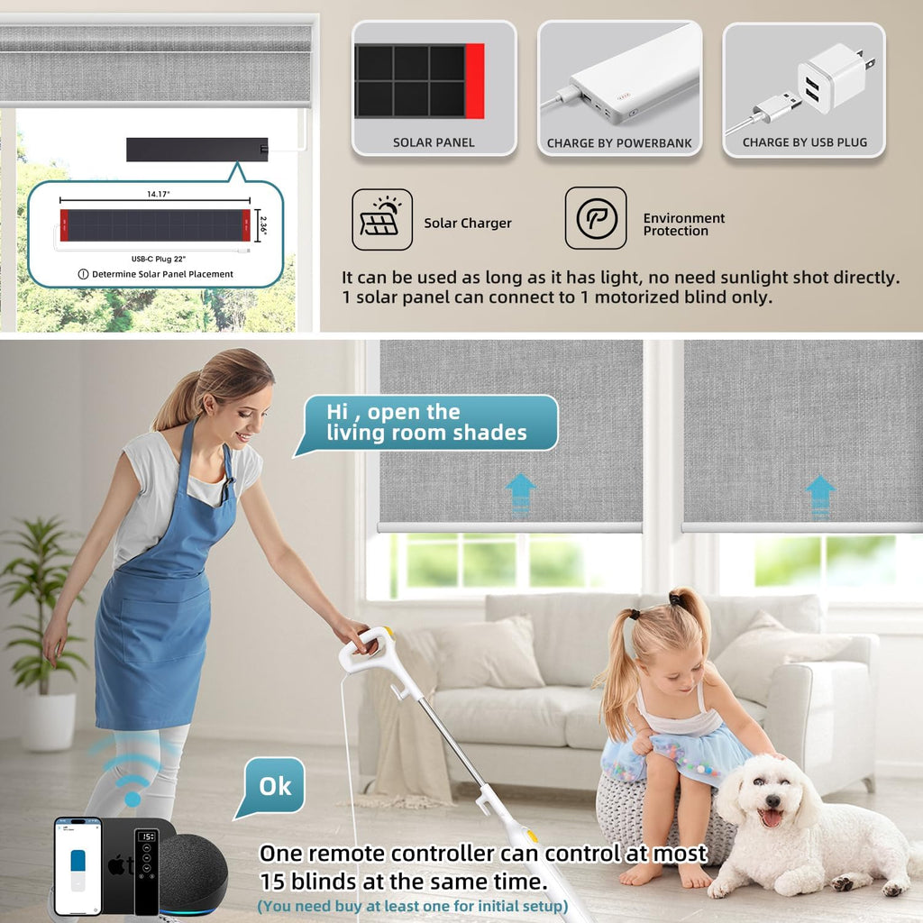 SmartWings Motorized 100% Blackout Shades Blinds, Custom Size, Cordless Window Shades with Rechargeable Battery, Work with Matter/Apple HomeKit, Alexa, Thread/Zigbee, Remote Optional, Vigor Pale Grey
