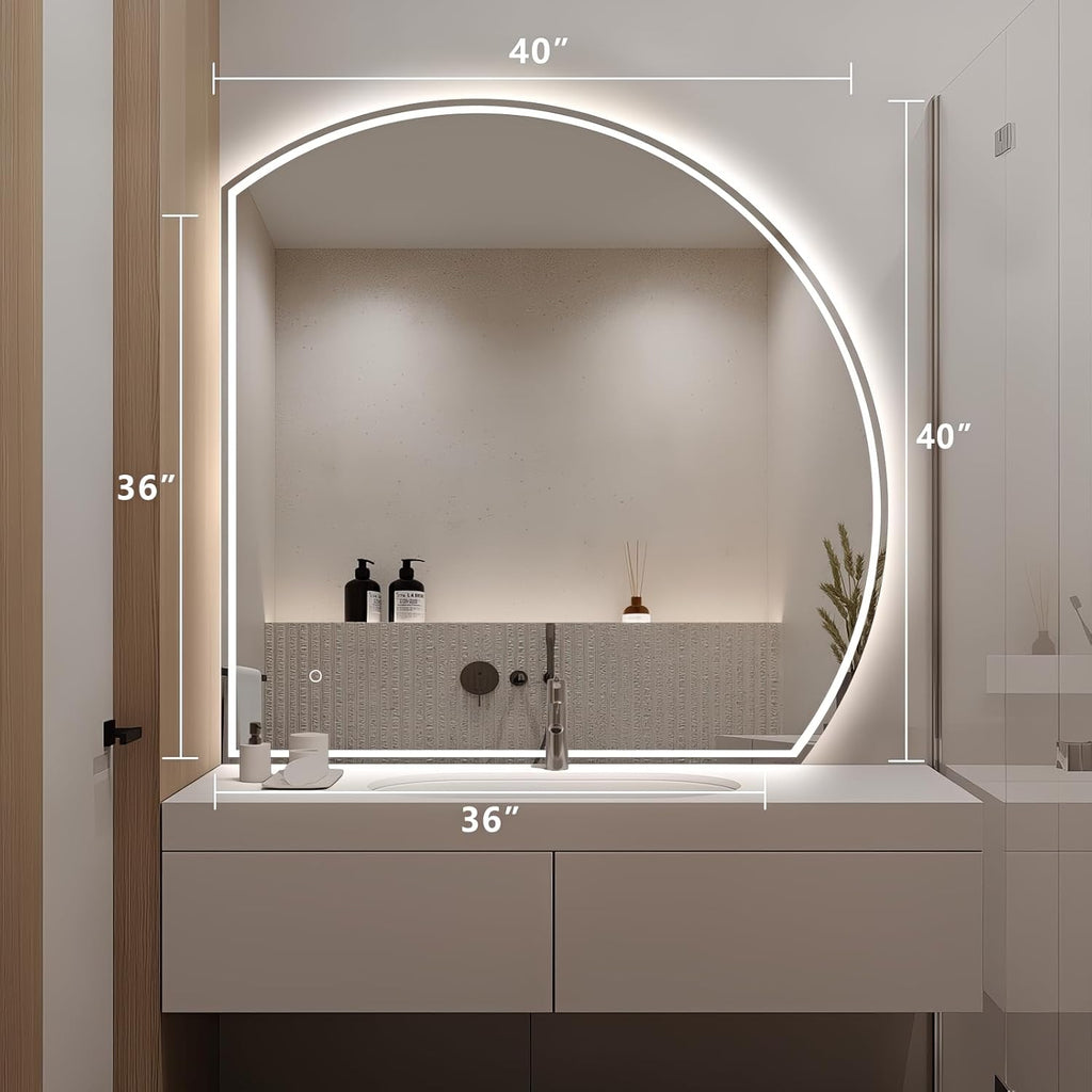 Niccy Half Moon Led Mirror for Bathroom, 40" Semi Round Backlit Mirror for Wall Lighted Mirror with Frameless 3 Color, Defogger, Explosion-Proof, HD Glass and IP65 Vanity Mirror