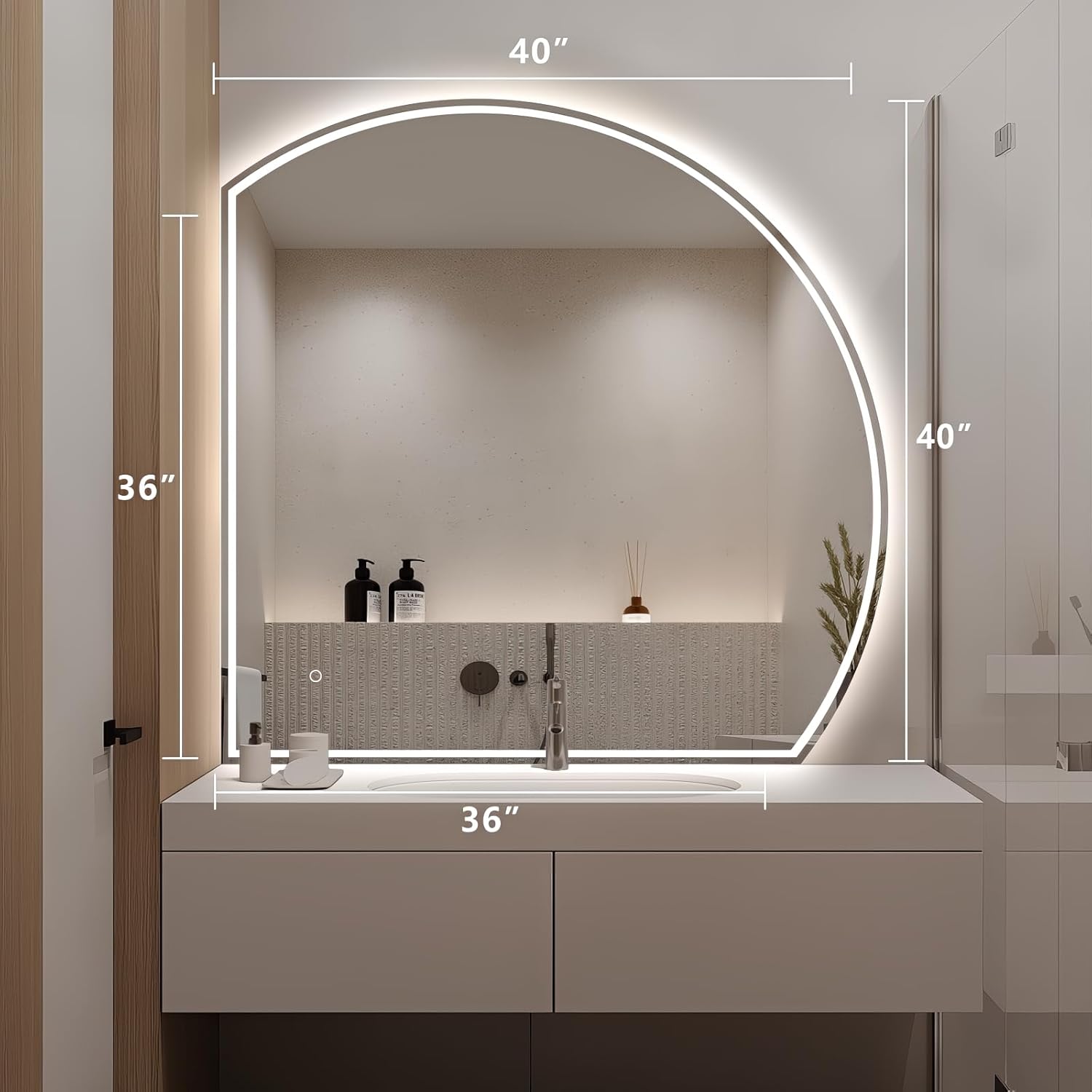 Niccy Half Moon Led Mirror for Bathroom, 40" Semi Round Backlit Mirror for Wall Lighted Mirror with Frameless 3 Color, Defogger, Explosion-Proof, HD Glass and IP65 Vanity Mirror