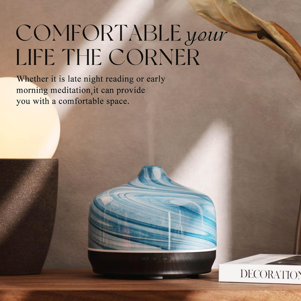 Porseme 500ml Glass Essential Oil Diffuser Aromatherapy Ultrasonic Cool Mist Humidifier 15-21 Running Hours Waterless Auto-Off Air Diffusers for Sleeping Yoga Office Working Spa and Rest (Blue Ink)