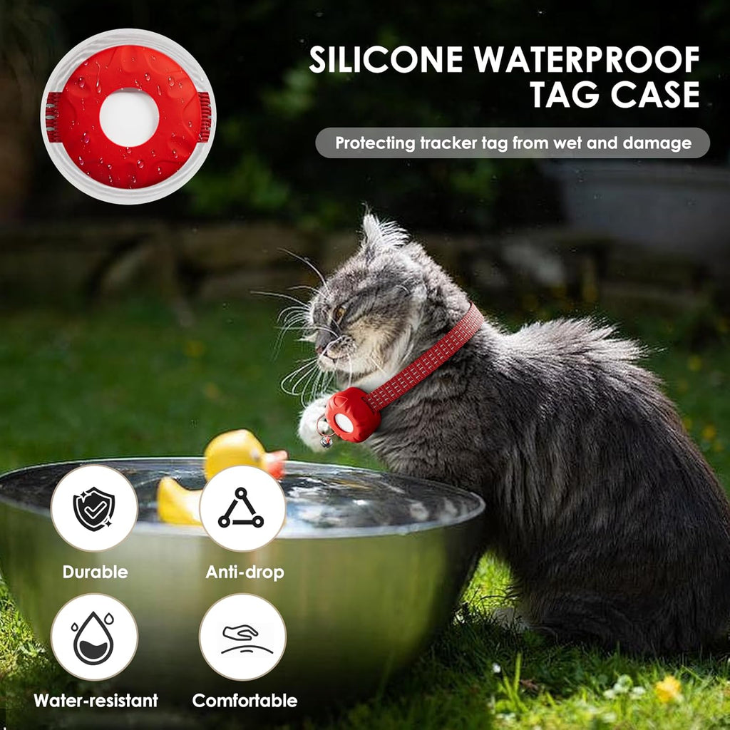 Cat GPS Tracker, Waterproof Pet Tracker for Cats, Compatible with Apple Find My App (Only iOS), Cat Tracker Collar with Safety Elastic Buckle, Works with Any Collar, No Monthly Fee, Red