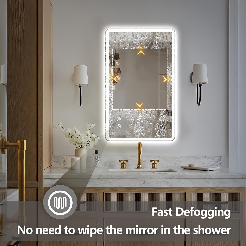 Niccy Led Mirror for Bathroom, 32"x20" Frameless Frontlit and Backlit Mirror for Wall Lighted Mirror with Bedroom 3 Color, Defogger, Explosion-Proof, HD Glass, IP65 Vanity Mirror Horizontal/Vertical