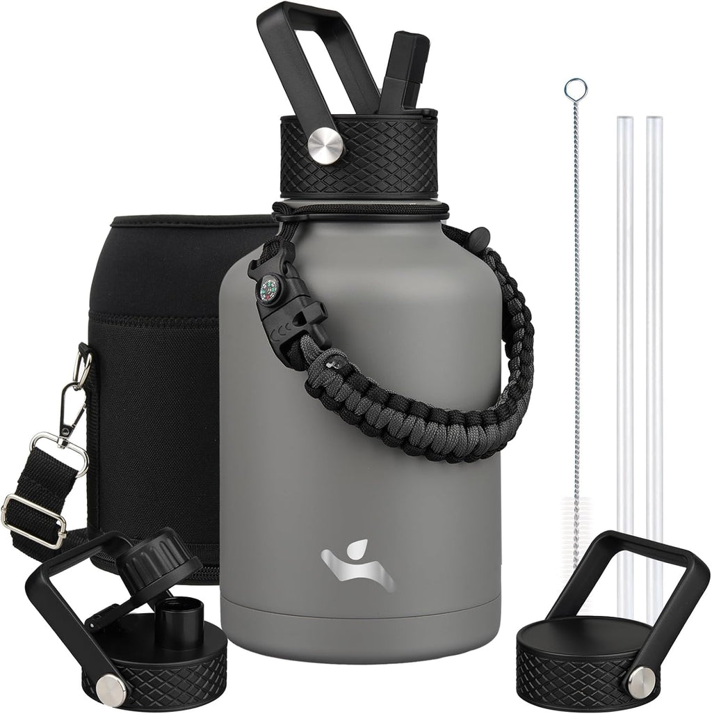 Insulated Water Bottle with Straw,50 oz 3 Lids Water Jug with Carrying Bag,Paracord Handle,Double Wall Vacuum Stainless Steel Metal Flask,Gray